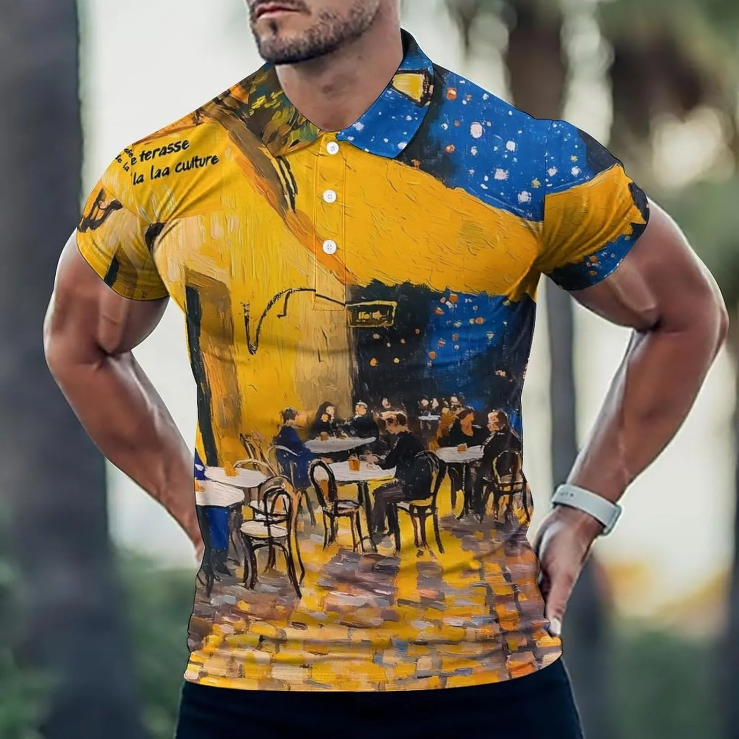 Cafe Terrace at Night Mens Polo Shirts Quick Dry Short Sleeve T-shirts Slim Tennis Collared Tees Tops
