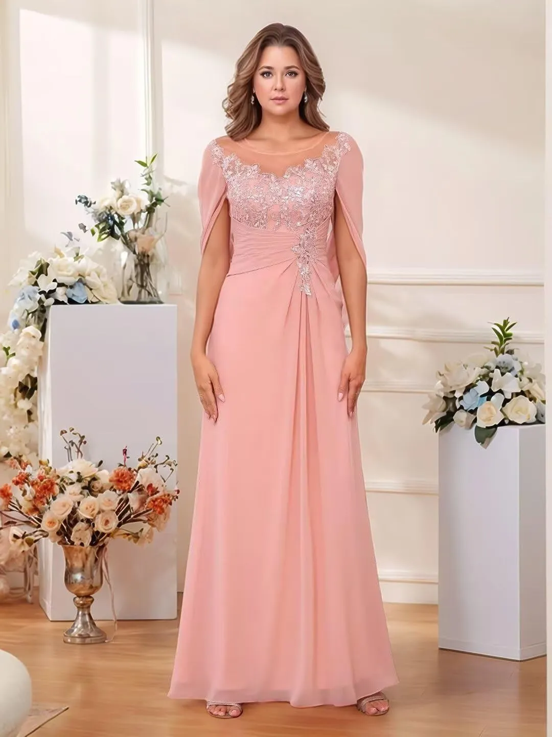 cantcauli Chiffon Mother of The Bride Dress for Wedding A Line Cap Sleeves Prom Evening Gowns for Women CT037