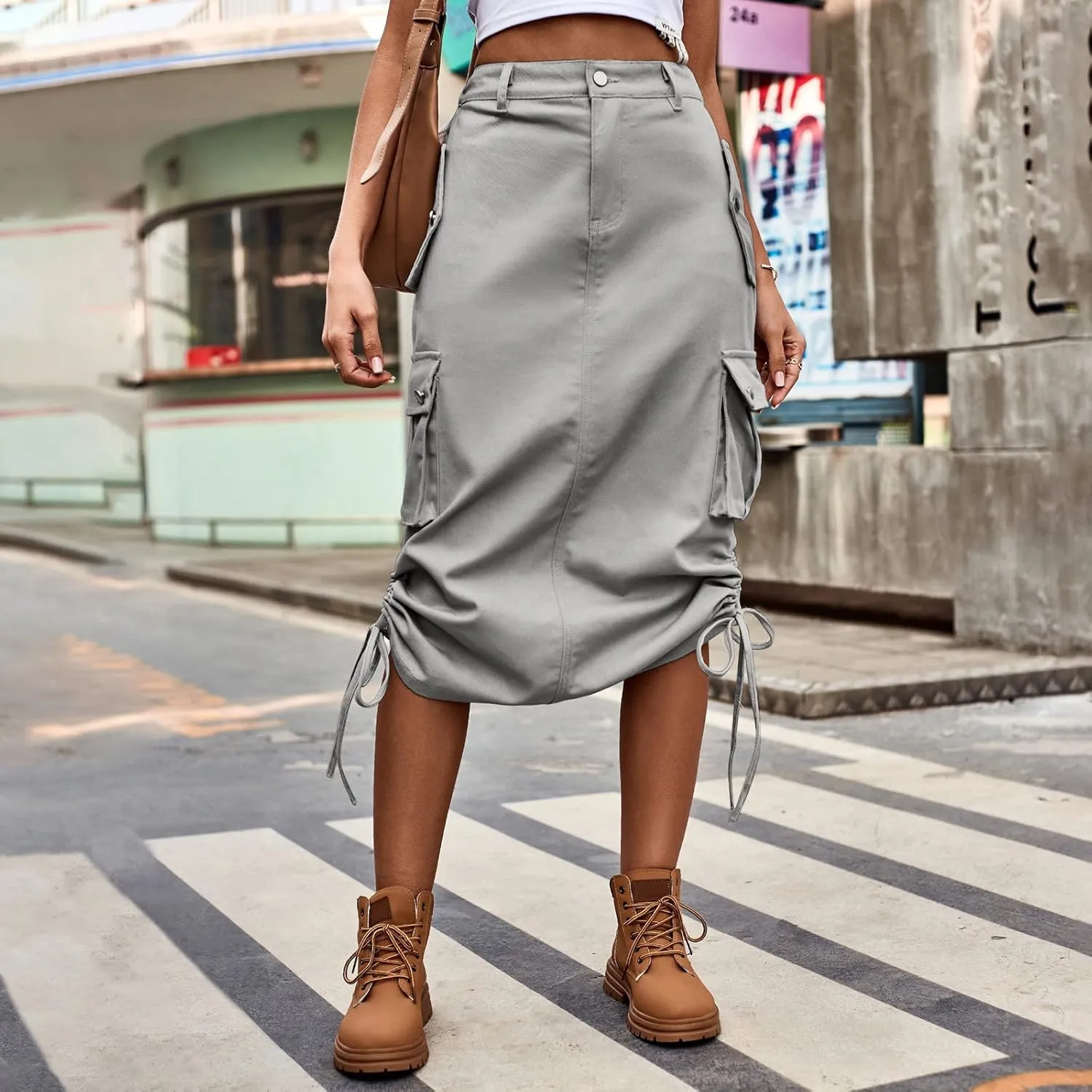 Cargo Skirts for Women High Waisted Casual A Line Side Drawstring Y2K Midi Long Skirt with Pockets Trendy Outfits