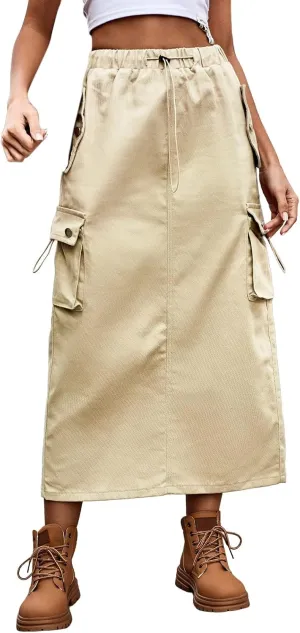 Cargo Skirts for Women High Waisted Casual A Line Side Drawstring Y2K Midi Long Skirt with Pockets Trendy Outfits