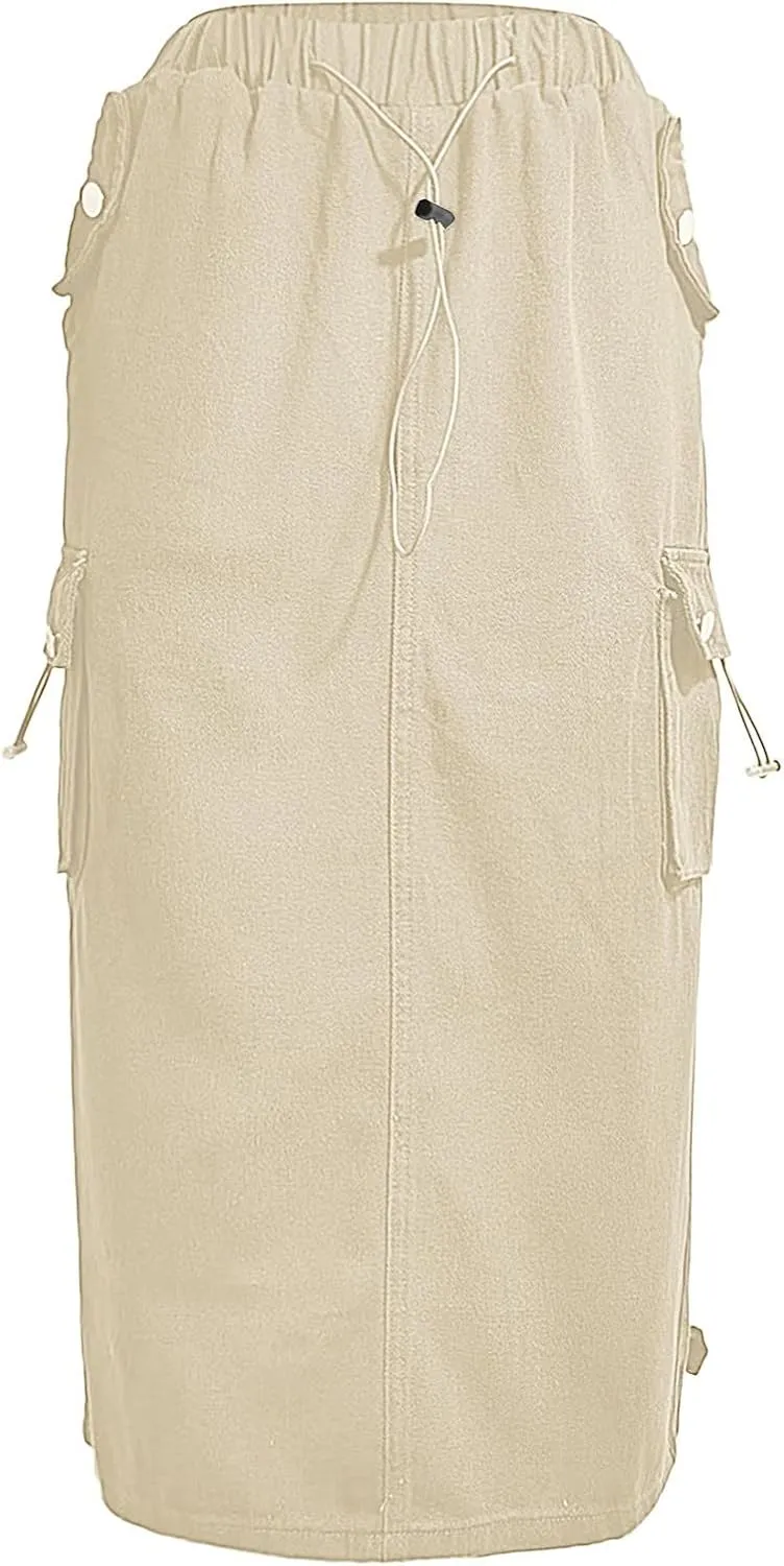 Cargo Skirts for Women High Waisted Casual A Line Side Drawstring Y2K Midi Long Skirt with Pockets Trendy Outfits