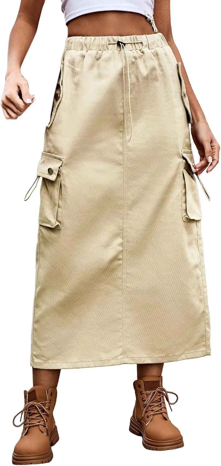 Cargo Skirts for Women High Waisted Casual A Line Side Drawstring Y2K Midi Long Skirt with Pockets Trendy Outfits