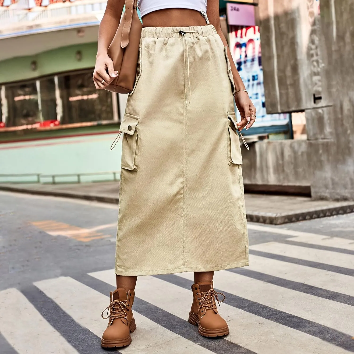 Cargo Skirts for Women High Waisted Casual A Line Side Drawstring Y2K Midi Long Skirt with Pockets Trendy Outfits
