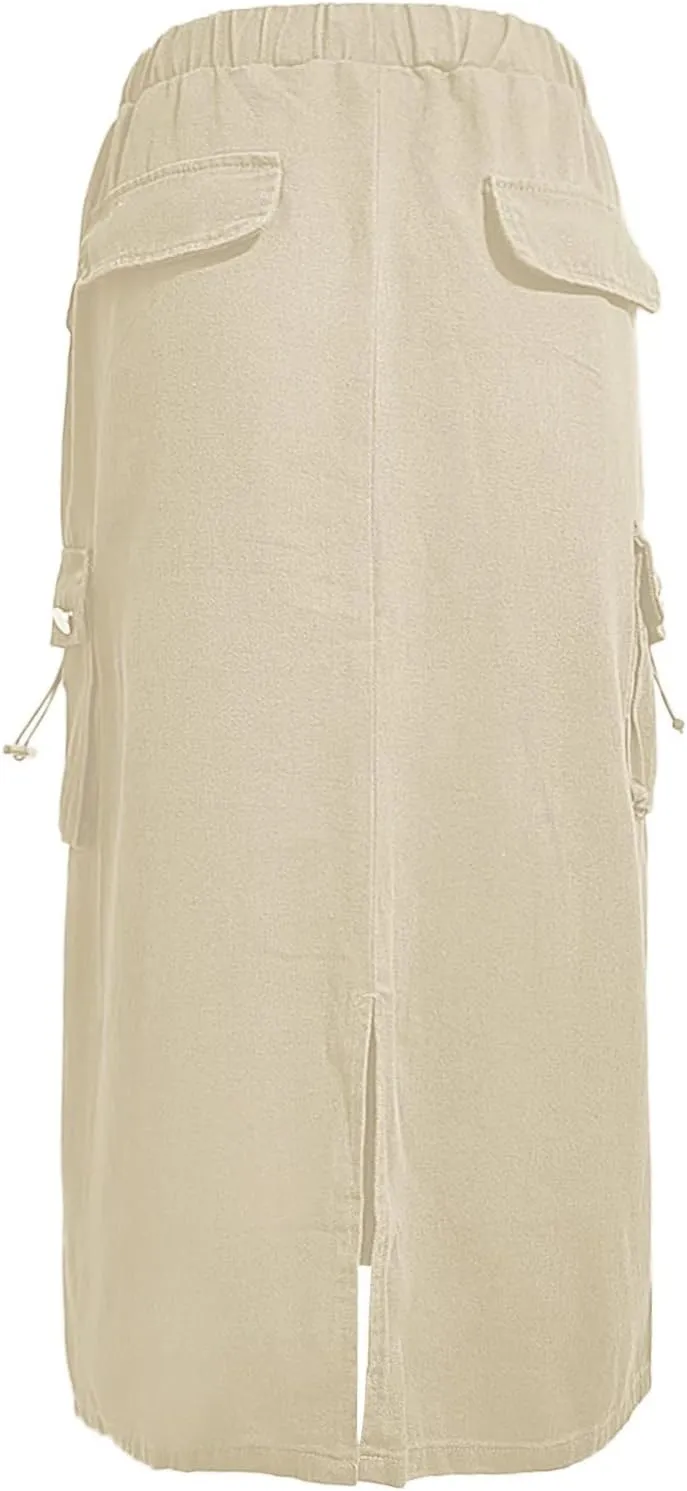 Cargo Skirts for Women High Waisted Casual A Line Side Drawstring Y2K Midi Long Skirt with Pockets Trendy Outfits