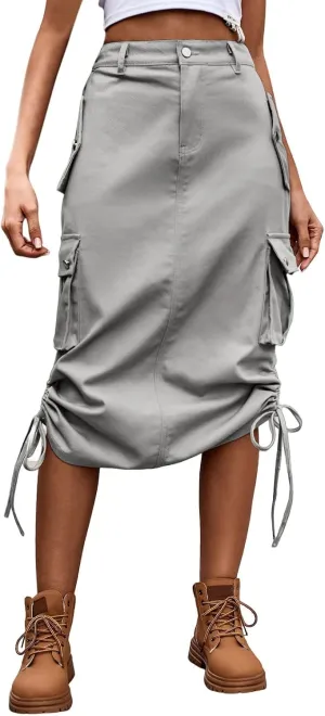 Cargo Skirts for Women High Waisted Casual A Line Side Drawstring Y2K Midi Long Skirt with Pockets Trendy Outfits