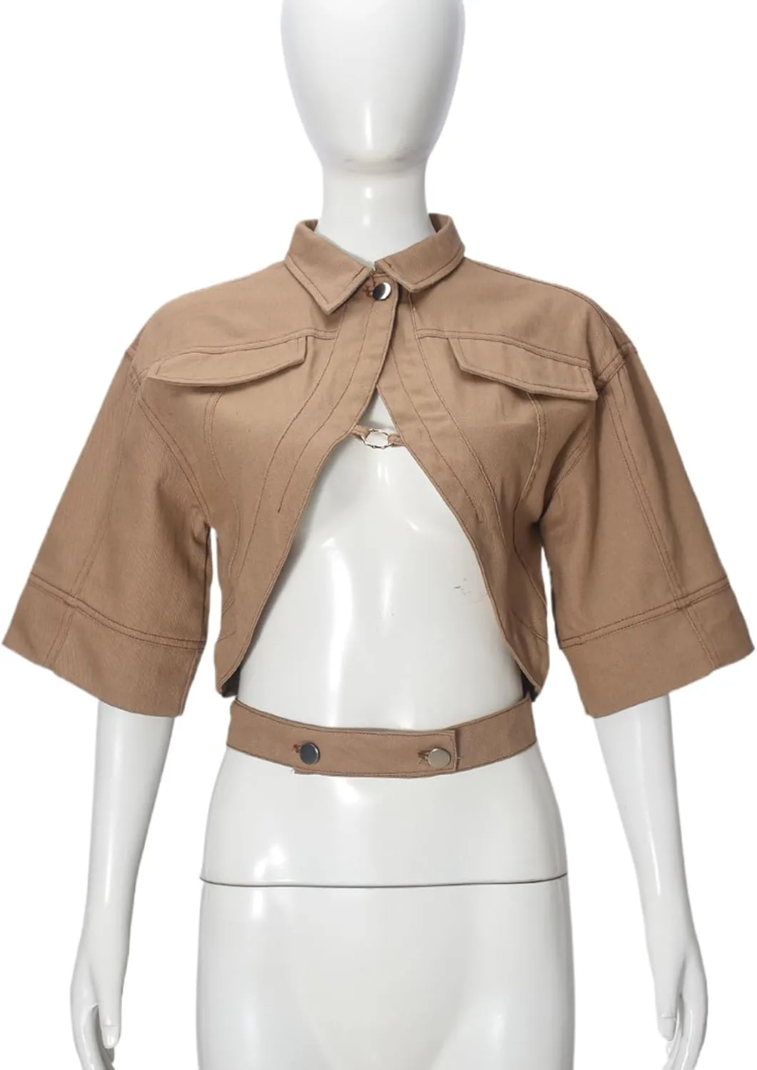 Casual Cropped Jacket Women Fall Fashion Short Sleeve Lace-up Coat Trendy Hollow Out Women's Clothes