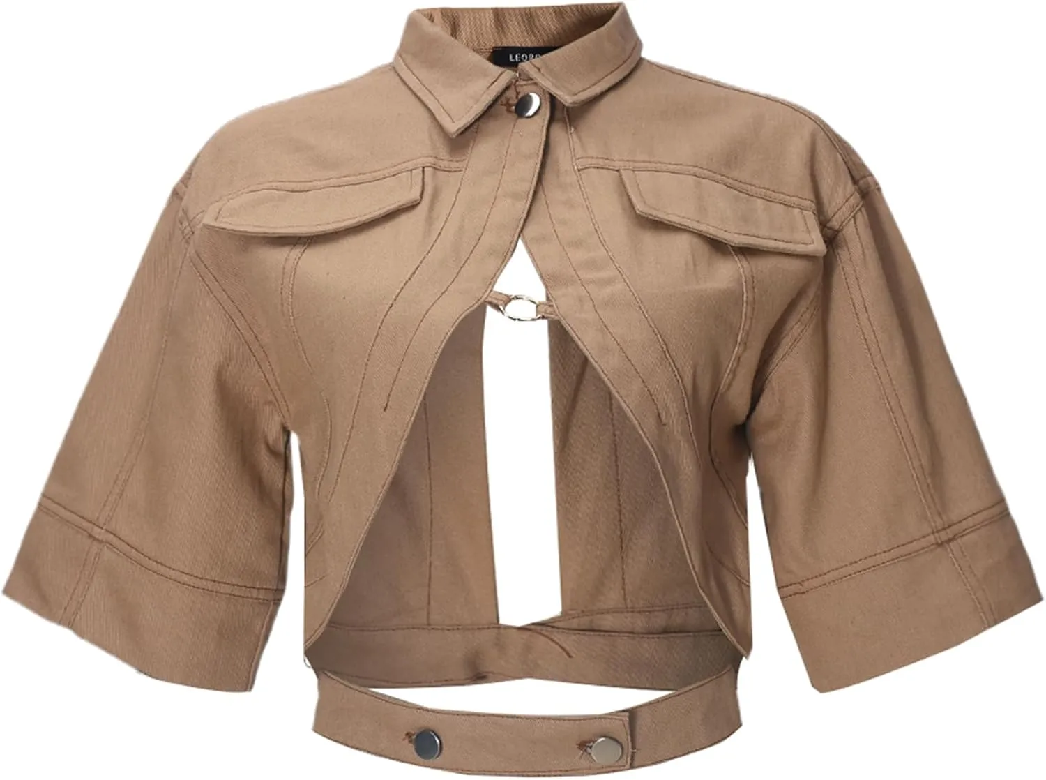 Casual Cropped Jacket Women Fall Fashion Short Sleeve Lace-up Coat Trendy Hollow Out Women's Clothes