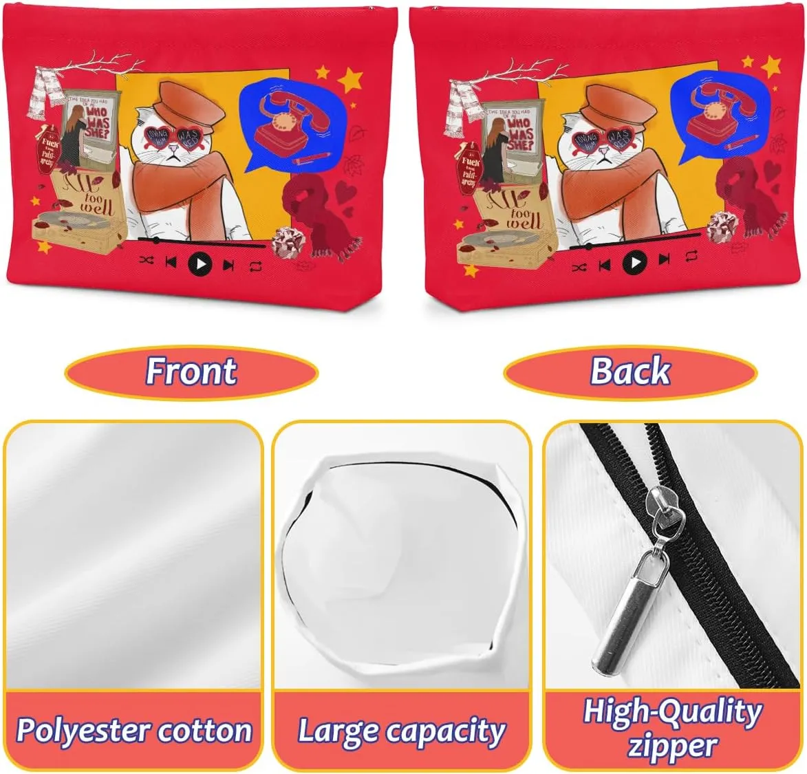 Cat Gifts for Cat Lovers Cute Cat Makeup Bag Inspired Music Lover Gifts Fan Singer Merch Friendship Gifts for Women Grandma Cat Mom Cat Lady Best Friend Birthday Mothers Day Christmas Cosmetic Bag