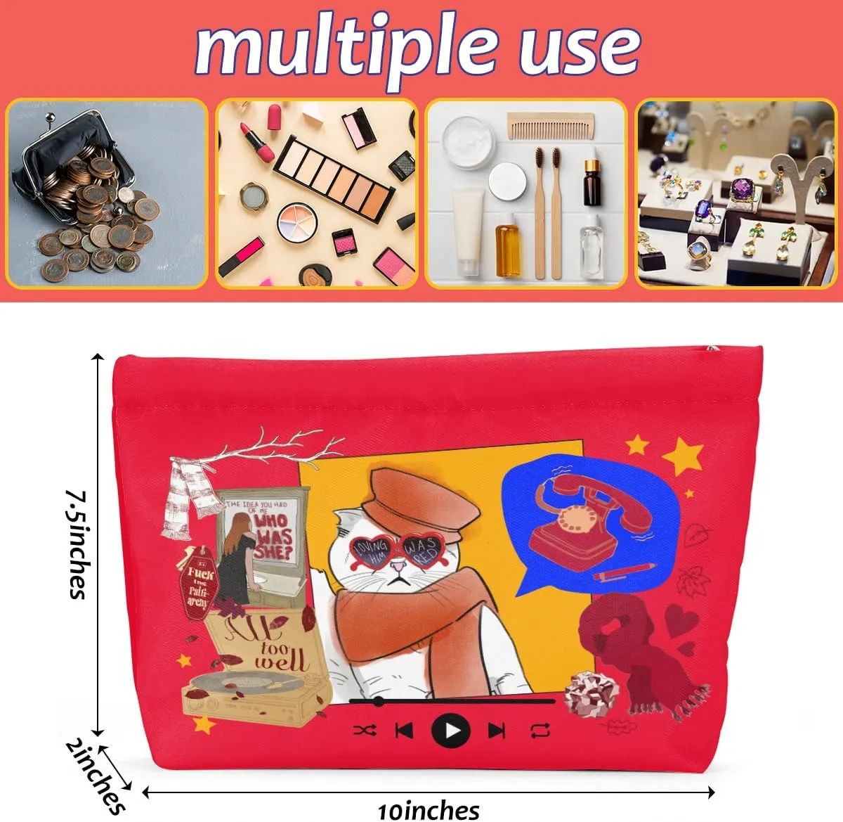 Cat Gifts for Cat Lovers Cute Cat Makeup Bag Inspired Music Lover Gifts Fan Singer Merch Friendship Gifts for Women Grandma Cat Mom Cat Lady Best Friend Birthday Mothers Day Christmas Cosmetic Bag