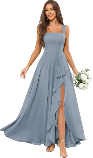 Chiffon Ruffle Bridesmaid Dresses for Women Square Neck Formal Evening Dress with Slit
