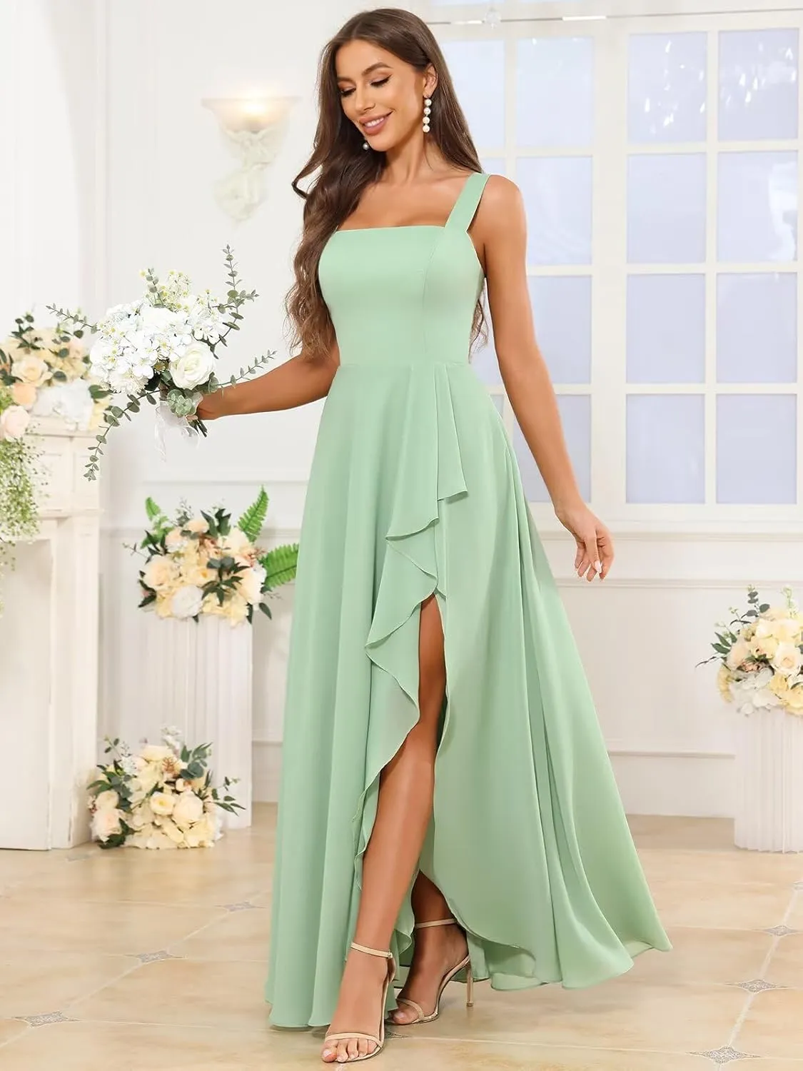 Chiffon Ruffle Bridesmaid Dresses for Women Square Neck Formal Evening Dress with Slit