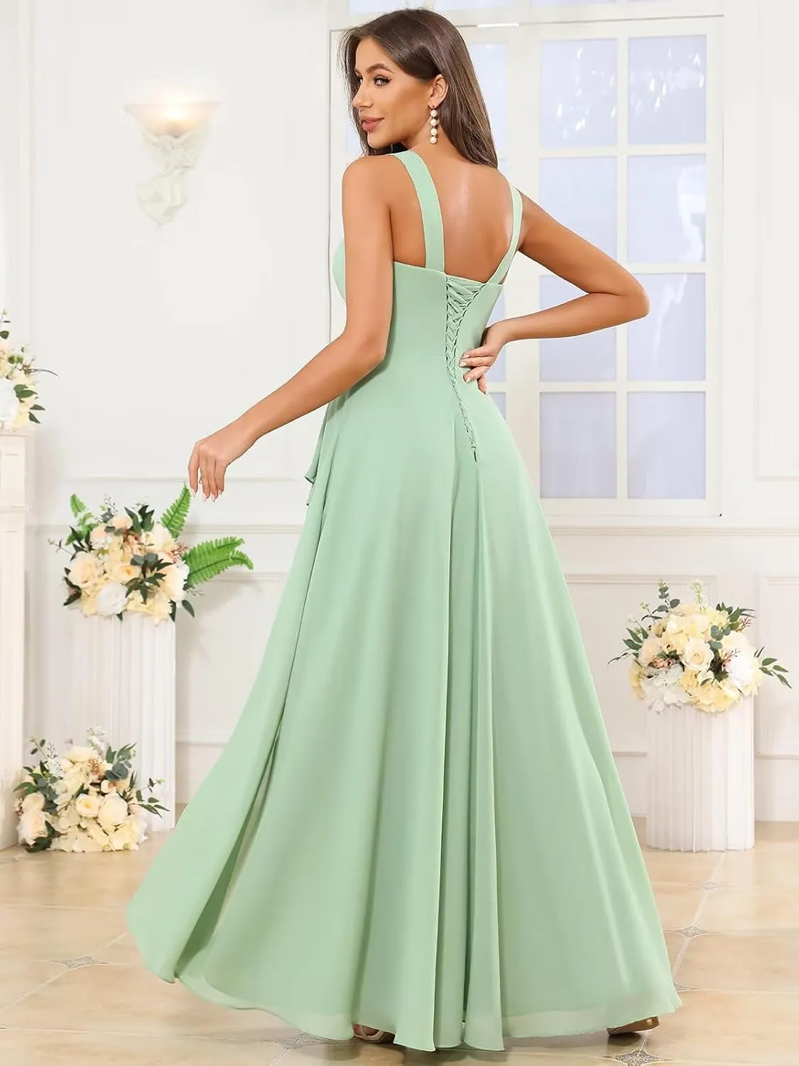 Chiffon Ruffle Bridesmaid Dresses for Women Square Neck Formal Evening Dress with Slit