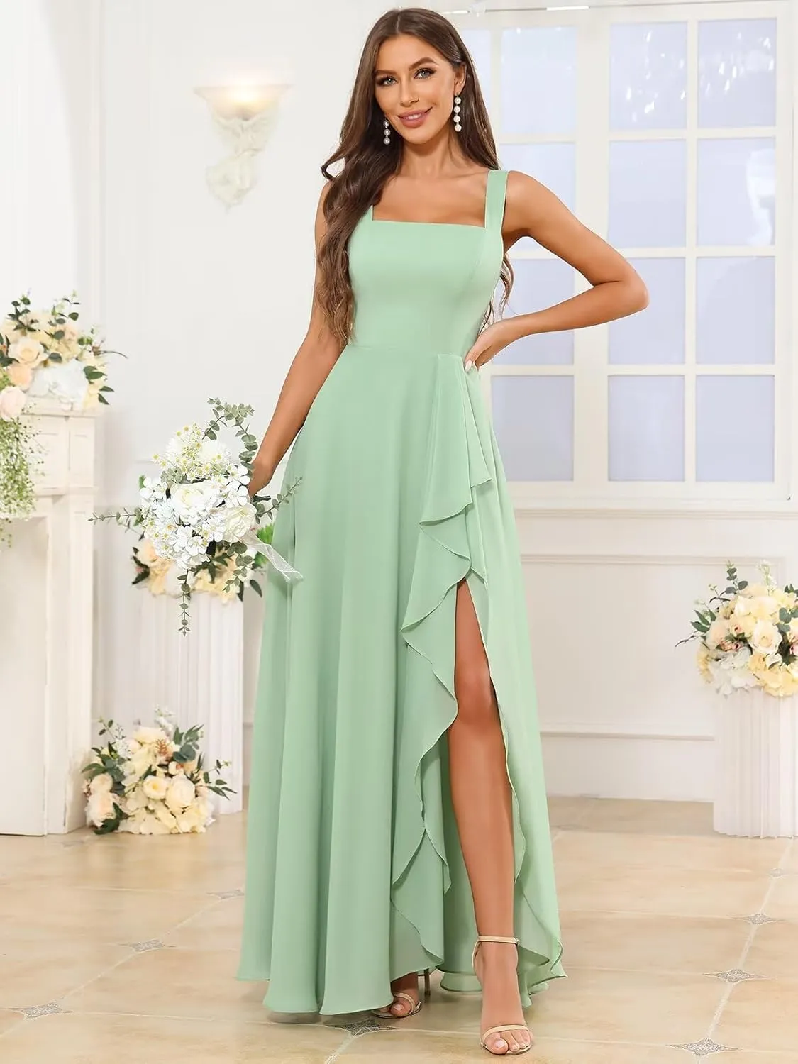 Chiffon Ruffle Bridesmaid Dresses for Women Square Neck Formal Evening Dress with Slit