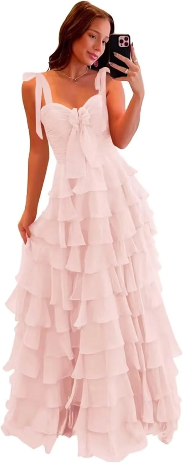 Chiffon Tiered Prom Dresses for Women 2025 with Bow Spaghetti Straps Long Ruffles Slit Formal Evening Dress