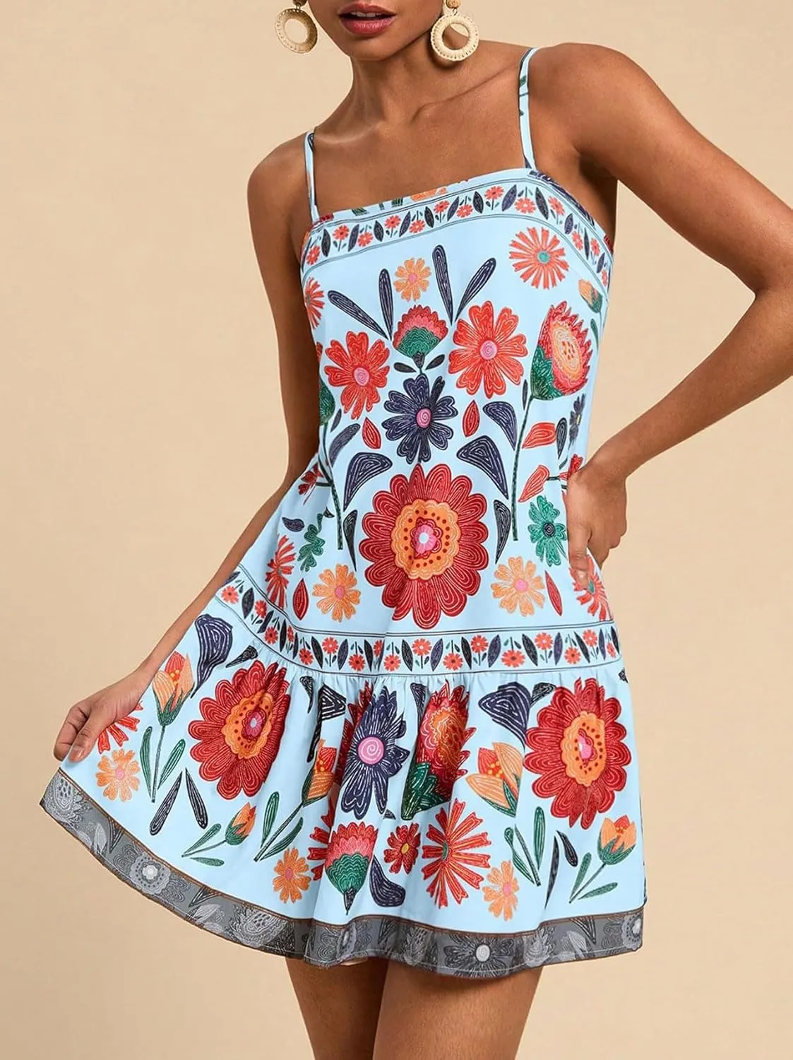 chouyatou Women's Boho Color Block Floral Printed Dress Sexy Spaghetti Strap Ruffle Babydoll Beach Mini Dress