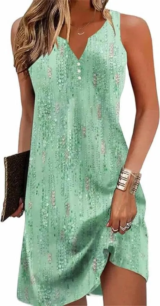 Chvity Womens Boho Dress Summer V Neck Sleeveless Dresses Ethnic Floral Print Sundress Mini Dress