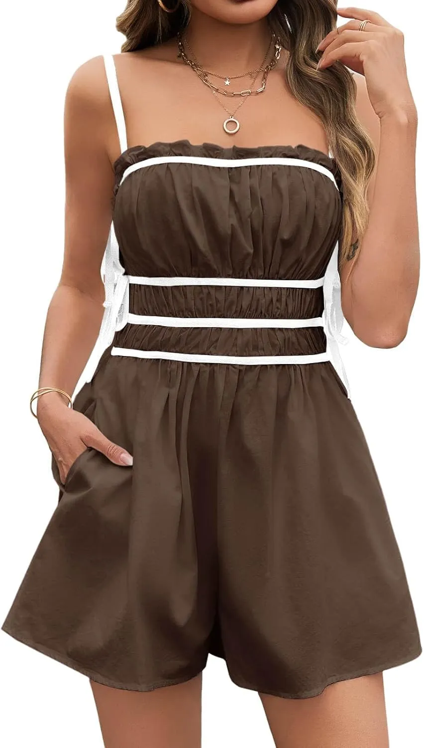 Cicy Bell Womens Summer Spaghetti Strap Romper Sleeveless Ruffle Color Block Short Jumpsuit Smocked Vacation Beach Outfits