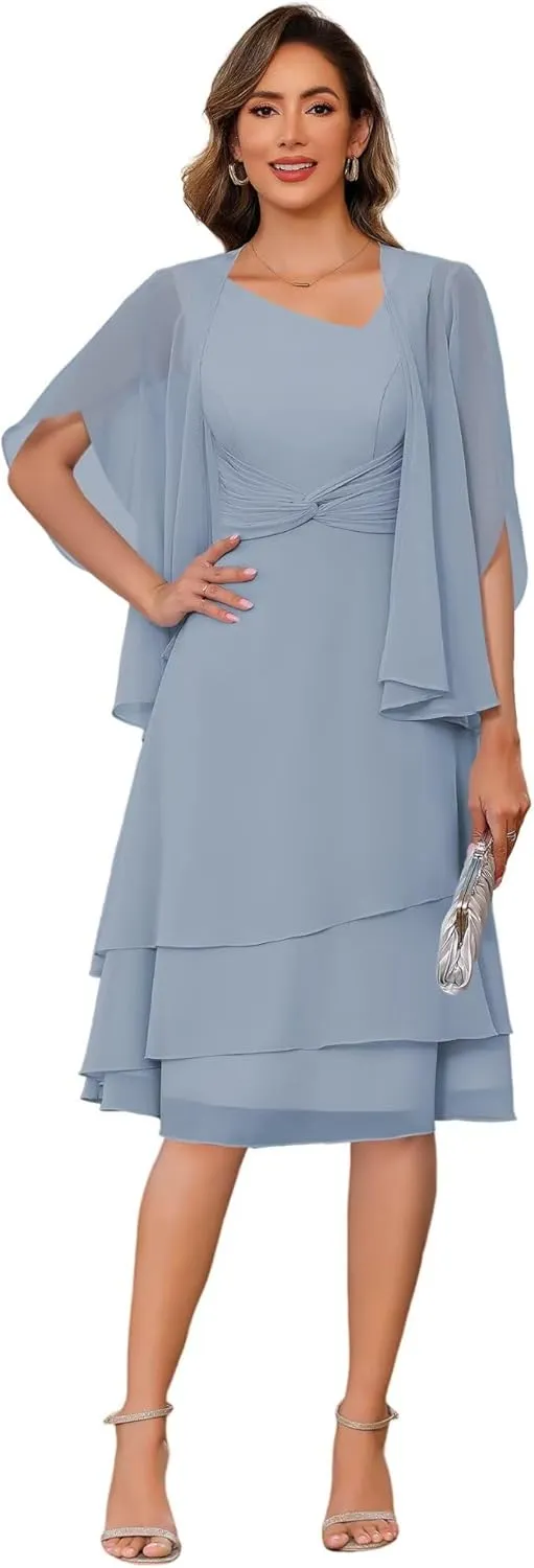 Clothfun Chiffon 2 Piece Mother of The Bride Dress 2025 Pleated Wedding Guest Dress