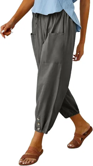 Cotton Casual Capri for Women Elastic High Waisted Loose Lantern Tapered Harem Pants with Pockets