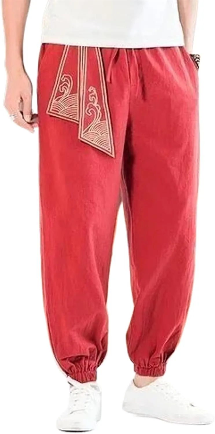 Cotton Linen Harem Pants Men Elastic Waist Jogger Casual Cuffed Pants Male Trousers Chinese Traditional Clothing