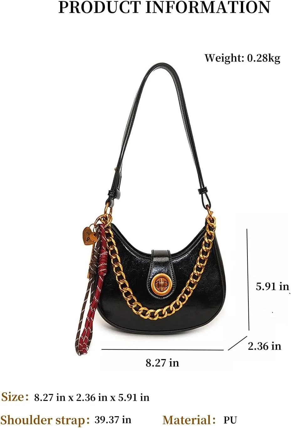 Crescent Hobo Bag for Women - PU Leather Crossbody Shoulder Bag with Chain & Fashion Charm, Adjustable Strap, Y2K Style