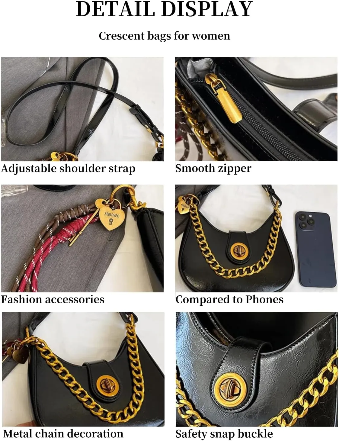 Crescent Hobo Bag for Women - PU Leather Crossbody Shoulder Bag with Chain & Fashion Charm, Adjustable Strap, Y2K Style