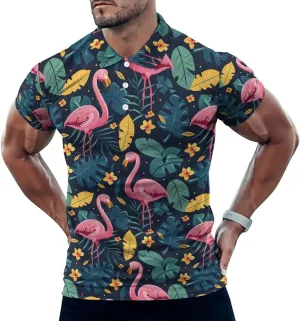 Cute Flamingo Tropical Leaves Mens Polo Shirts Quick Dry Short Sleeve T-shirts Slim Tennis Collared Tees Tops