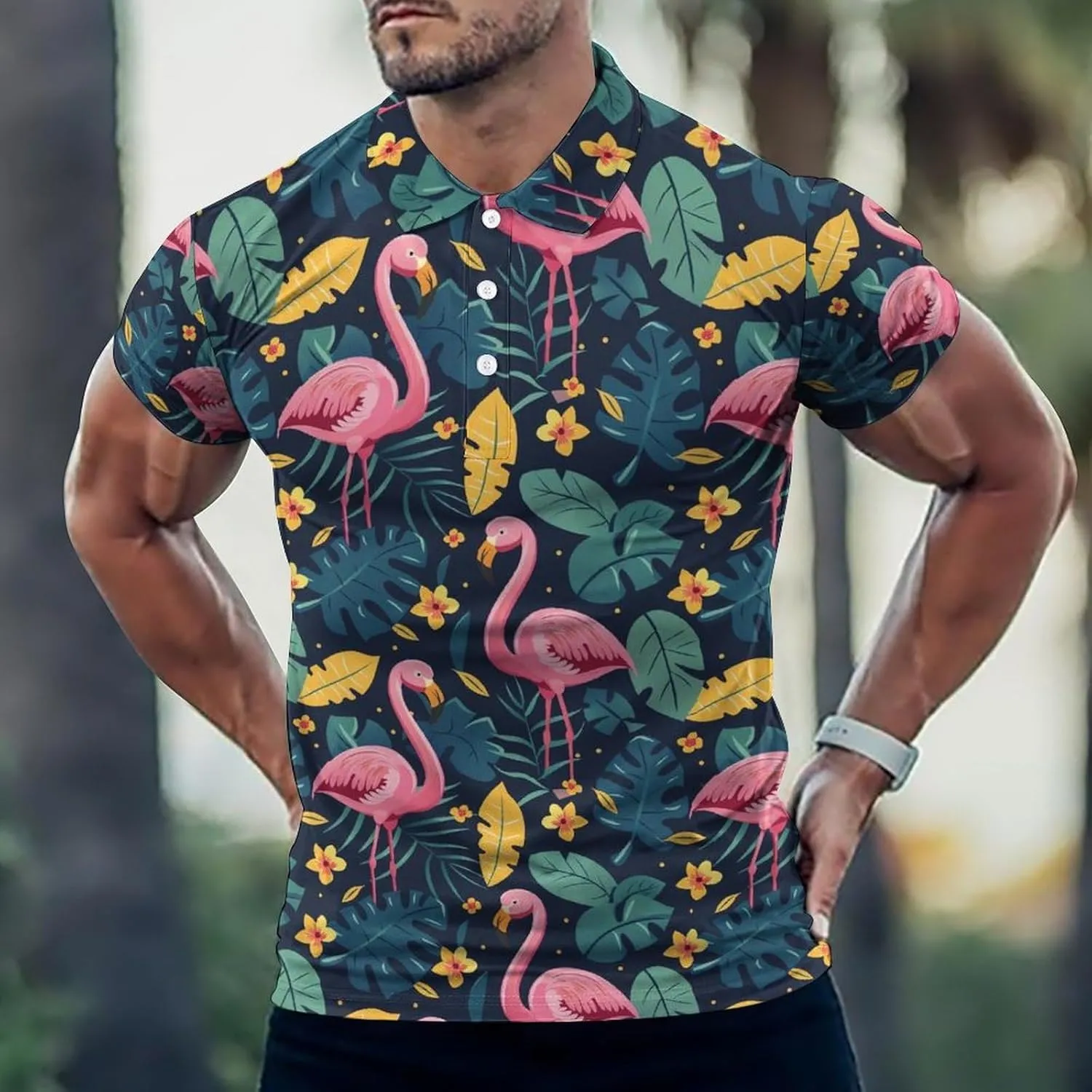 Cute Flamingo Tropical Leaves Mens Polo Shirts Quick Dry Short Sleeve T-shirts Slim Tennis Collared Tees Tops