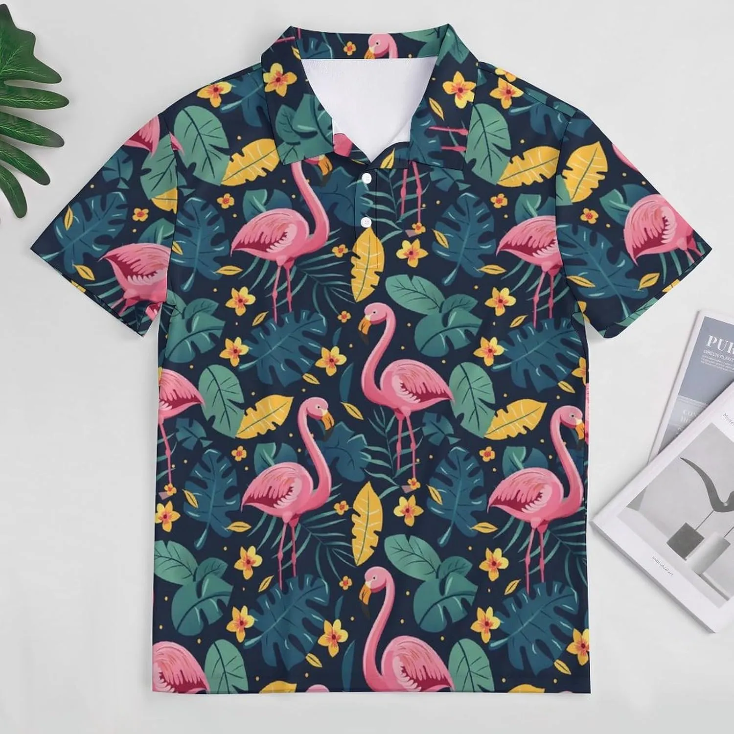 Cute Flamingo Tropical Leaves Mens Polo Shirts Quick Dry Short Sleeve T-shirts Slim Tennis Collared Tees Tops