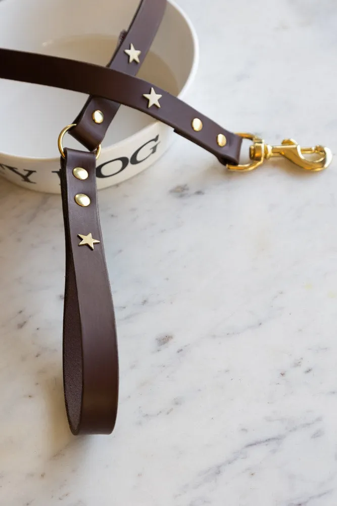 Dark Brown Leather Dog Lead With Stars