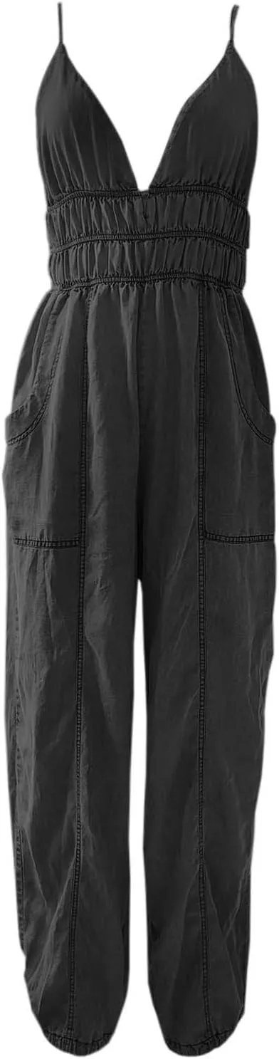 Denim Lightweight V-Neck Jumpsuit 2025 New Jumpsuits for Women Casual Spaghetti Jumpsuit with Pockets 2025 Clothes