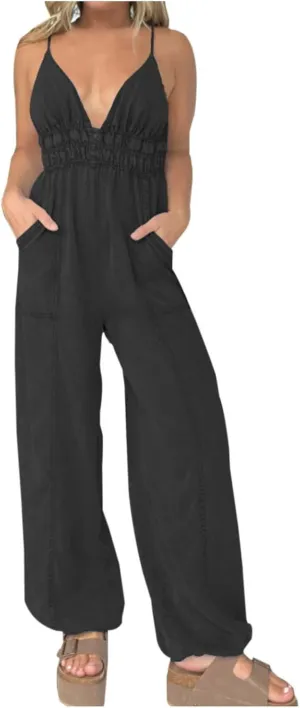 Denim Lightweight V-Neck Jumpsuit 2025 New Jumpsuits for Women Casual Spaghetti Jumpsuit with Pockets 2025 Clothes