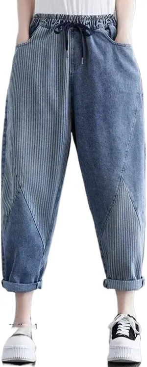 Denim Patchwork Nine-Ten Harem Pants for Women Harem Style Jeans Harajuku Loose Fit Ankle-Length Pants