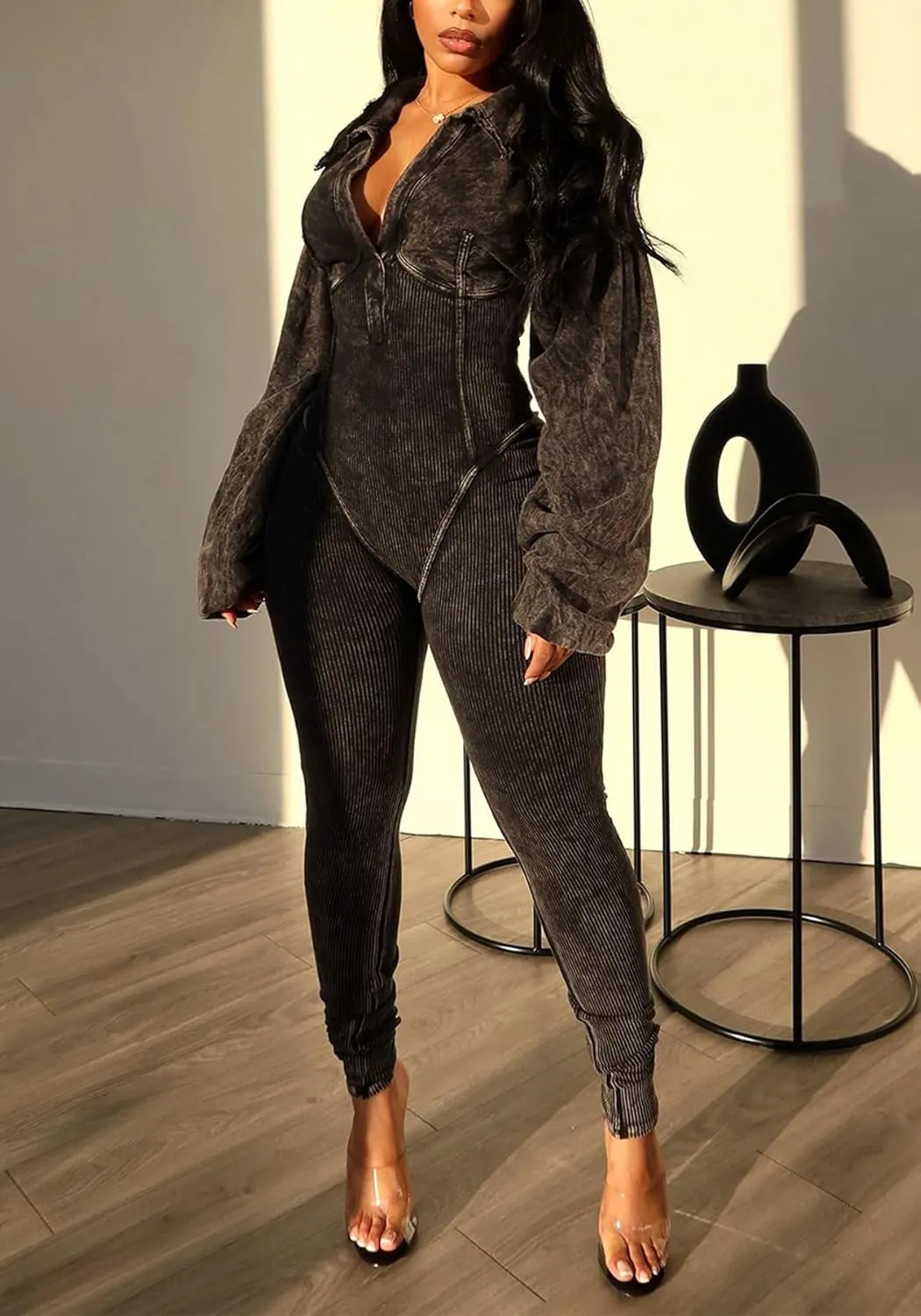 DINGANG Fall Outfits for Women's Sexy One Piece Jumpsuits Lantern Long Sleeve Bodycon Ribbed Romper