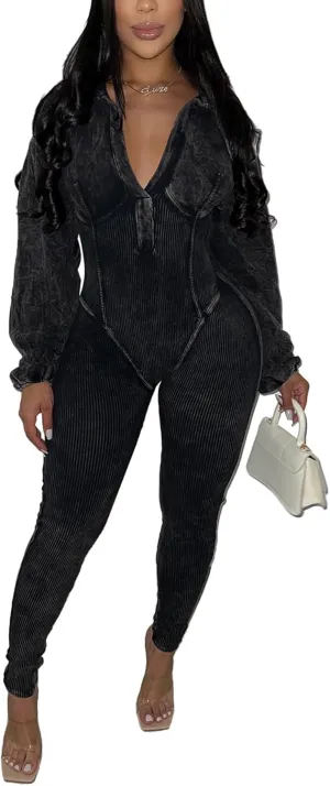 DINGANG Fall Outfits for Women's Sexy One Piece Jumpsuits Lantern Long Sleeve Bodycon Ribbed Romper