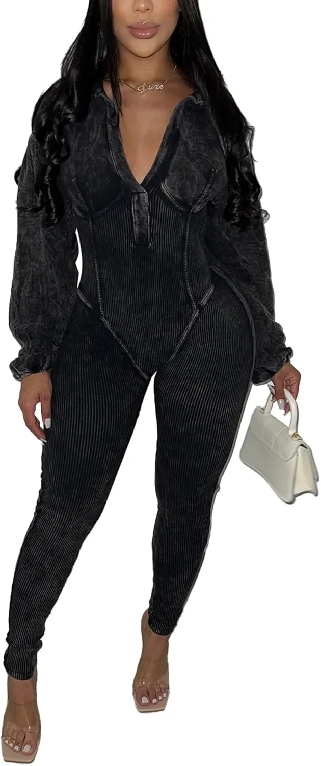 DINGANG Fall Outfits for Women's Sexy One Piece Jumpsuits Lantern Long Sleeve Bodycon Ribbed Romper