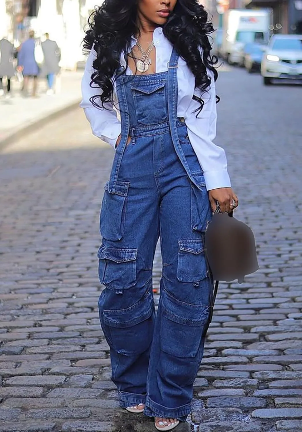 DINGANG Women's Denim Overalls Adjustable Strap Stretchy Loose Fit Jean Cargo Pants Jumpsuits with Pockets