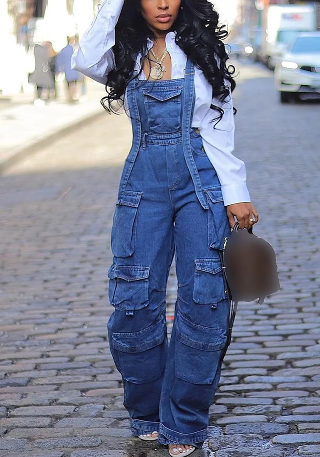 DINGANG Women's Denim Overalls Adjustable Strap Stretchy Loose Fit Jean Cargo Pants Jumpsuits with Pockets
