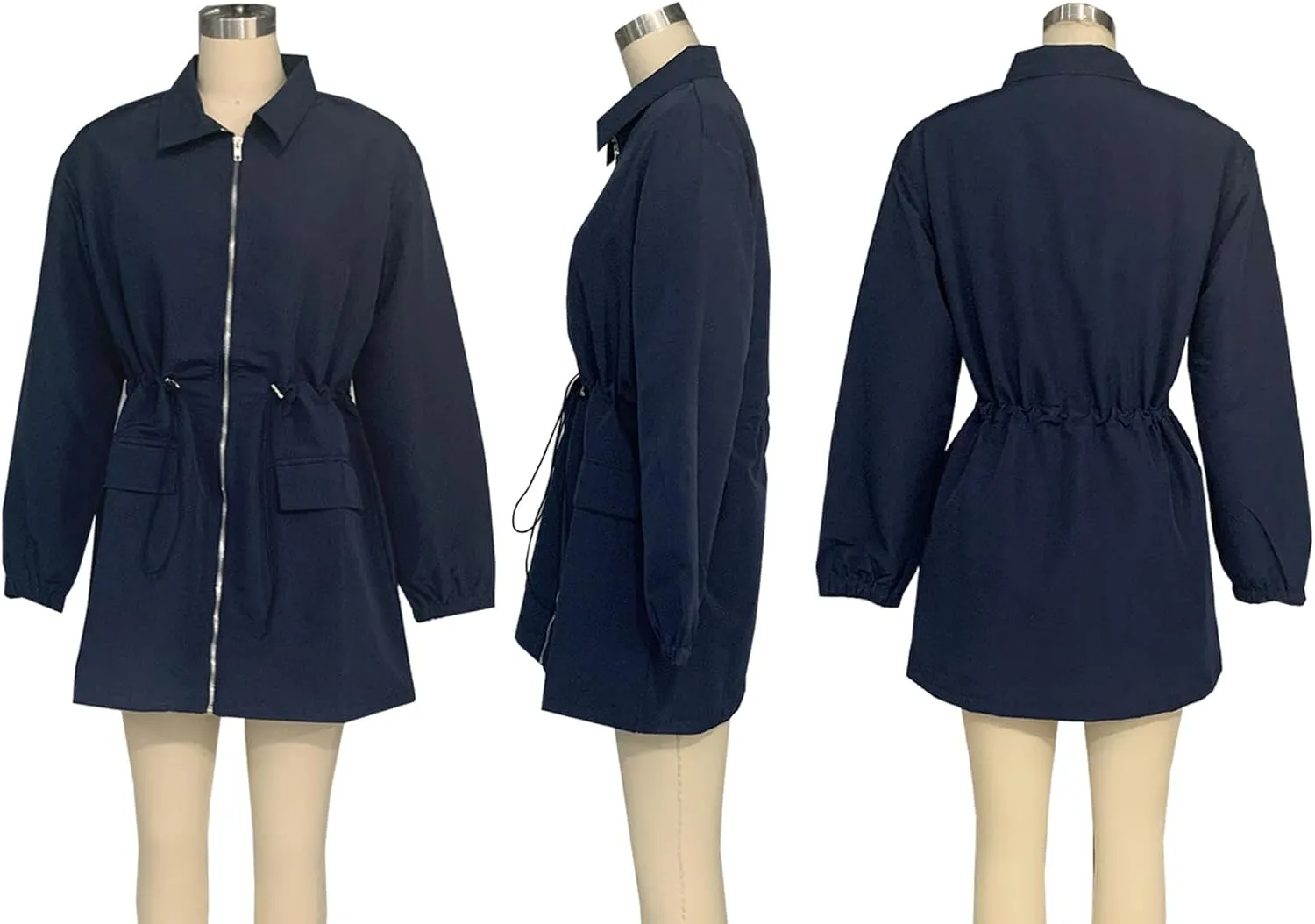 DINGANG Women's Long Sleeve V Neck Fall Casual Mini Dresses A Line Zipper Drawstring Tie Windbreaker Dress