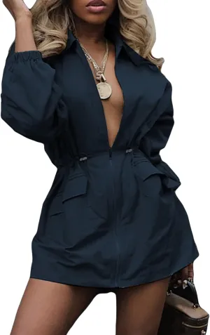 DINGANG Women's Long Sleeve V Neck Fall Casual Mini Dresses A Line Zipper Drawstring Tie Windbreaker Dress