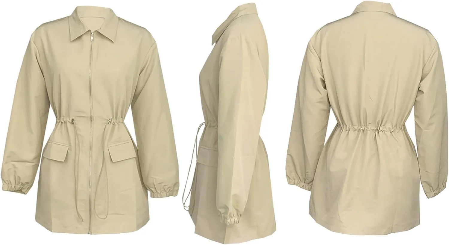 DINGANG Women's Long Sleeve V Neck Fall Casual Mini Dresses A Line Zipper Drawstring Tie Windbreaker Dress