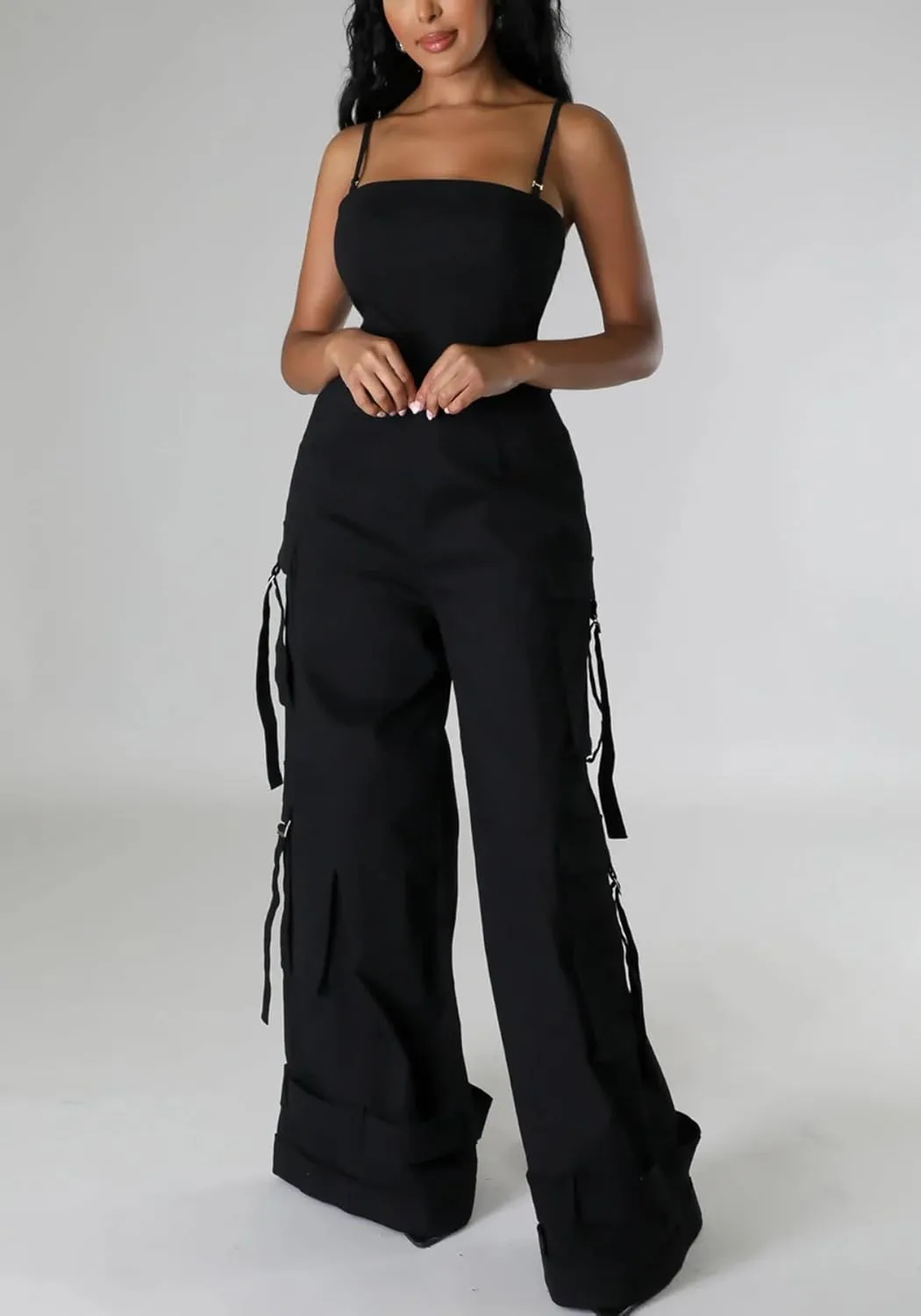 DINGANG Women's Summer Casual Spaghetti Strap Cargo Jumpsuits Sleeveless Backless Baggy Rompers Wide Leg Pants Overalls