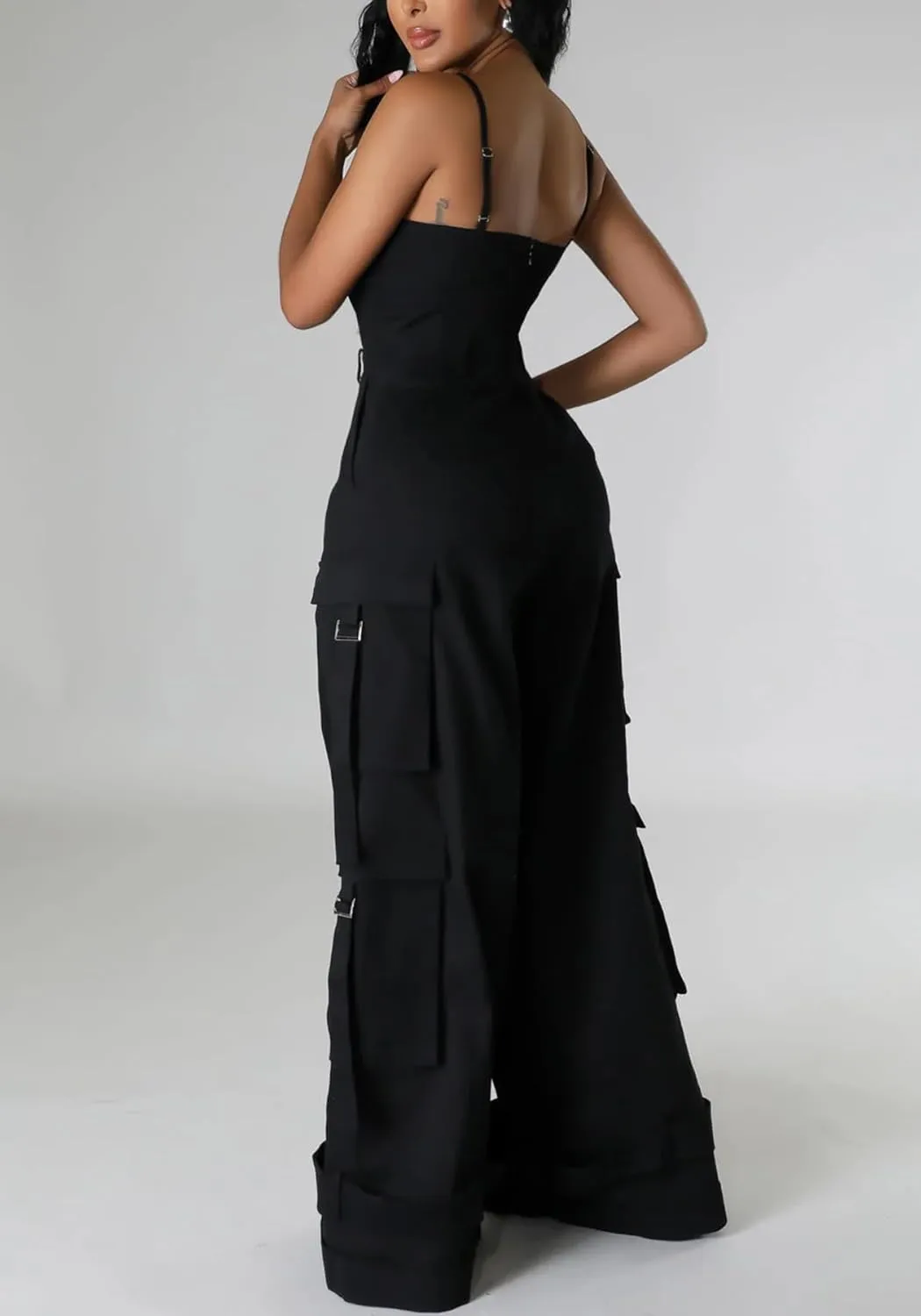 DINGANG Women's Summer Casual Spaghetti Strap Cargo Jumpsuits Sleeveless Backless Baggy Rompers Wide Leg Pants Overalls