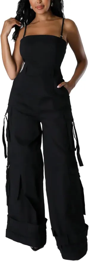 DINGANG Women's Summer Casual Spaghetti Strap Cargo Jumpsuits Sleeveless Backless Baggy Rompers Wide Leg Pants Overalls