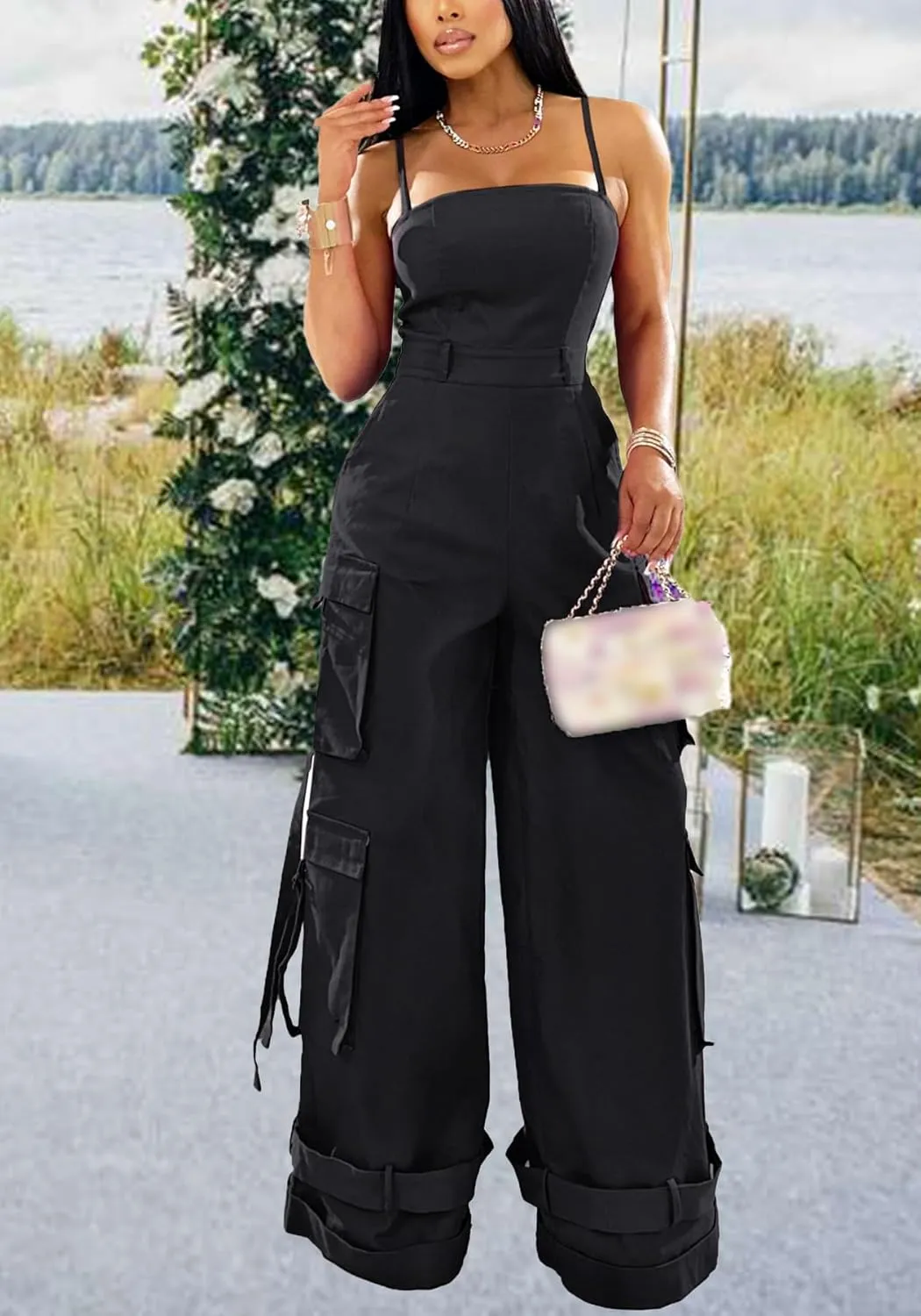DINGANG Women's Summer Casual Spaghetti Strap Cargo Jumpsuits Sleeveless Backless Baggy Rompers Wide Leg Pants Overalls