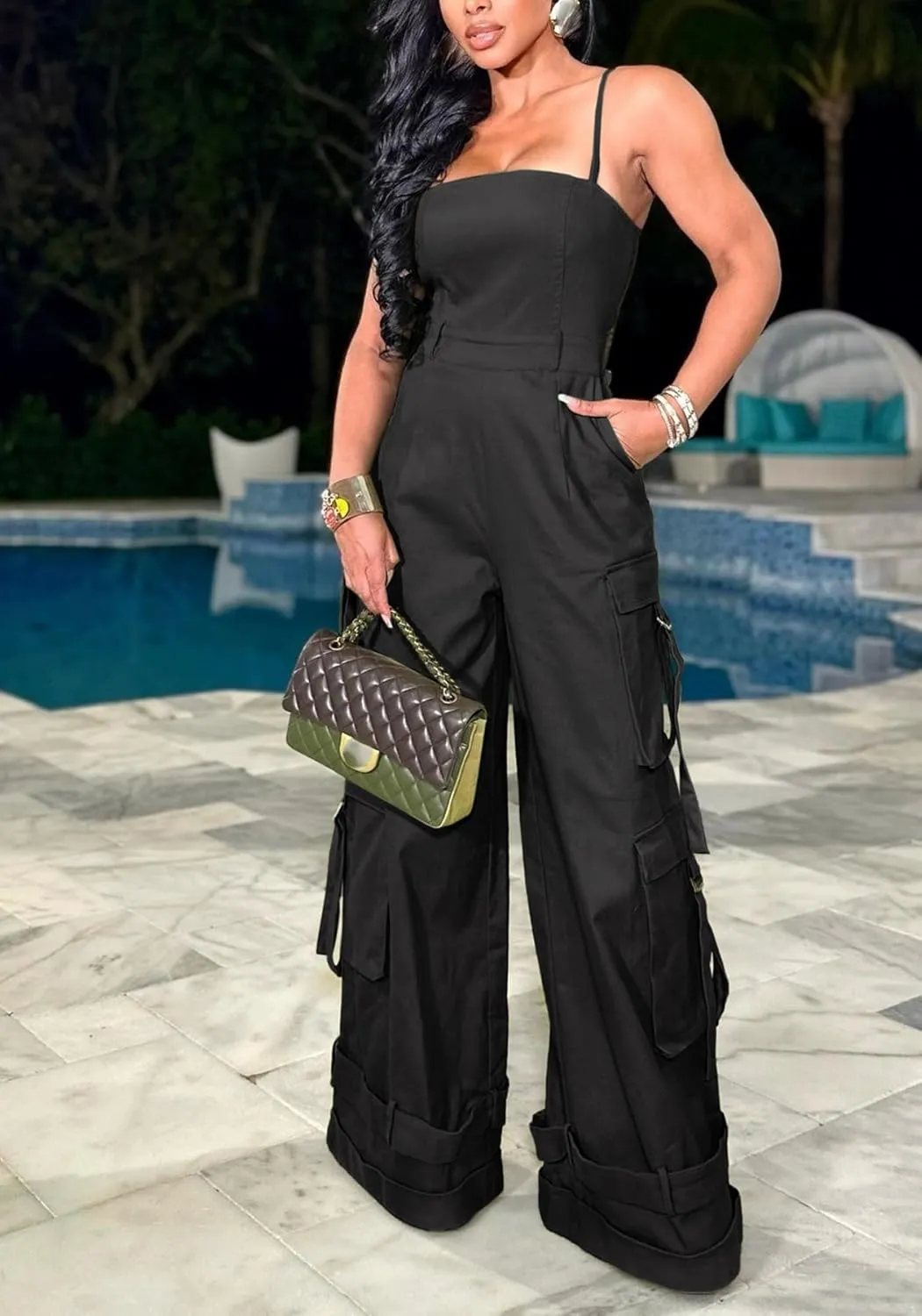 DINGANG Women's Summer Casual Spaghetti Strap Cargo Jumpsuits Sleeveless Backless Baggy Rompers Wide Leg Pants Overalls