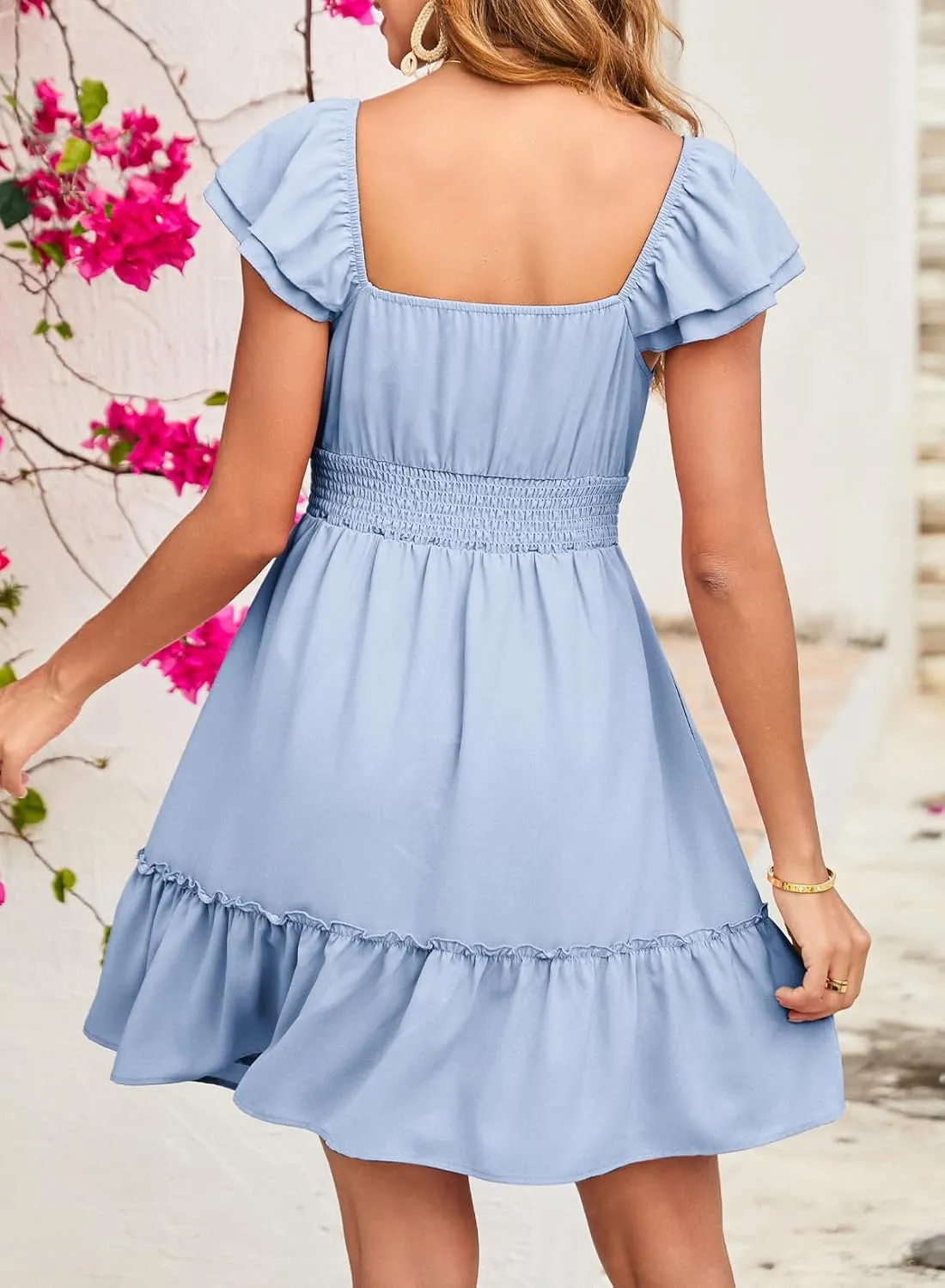 Dokotoo Womens Summer Dresses 2025 Ruffle Short Sleeve Shirred High Waist Tiered Smocked A-Line Casual Dress with Pocket