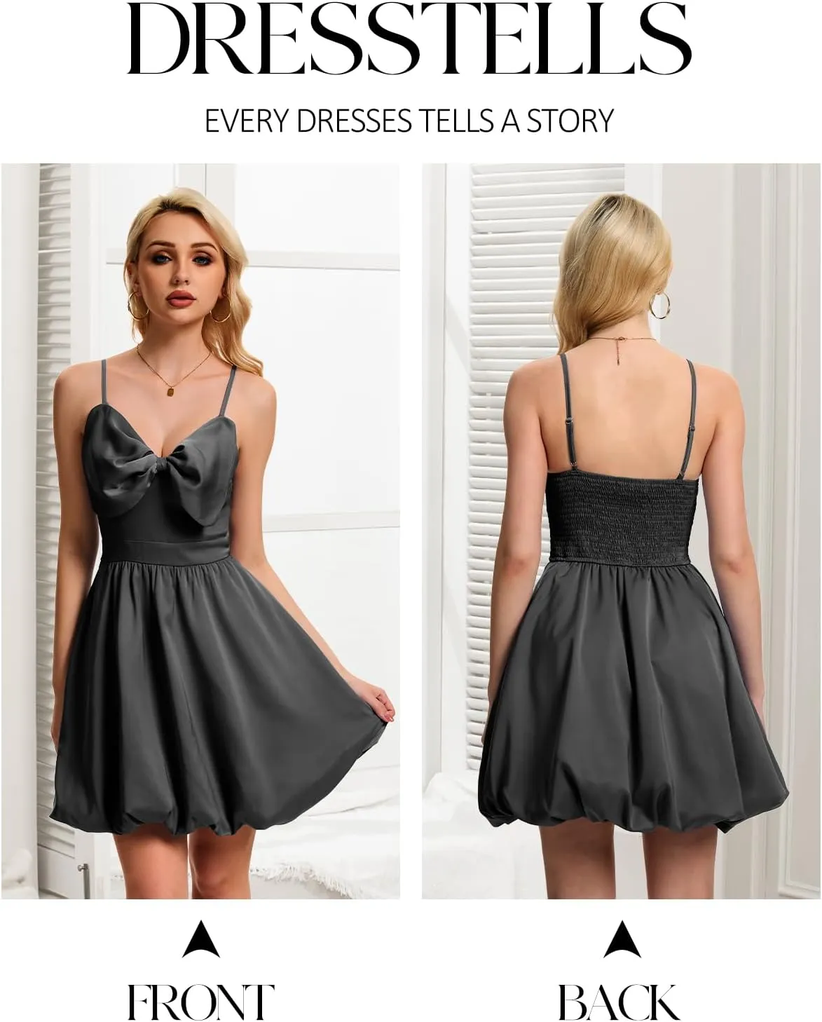 DRESSTELLS Women Cocktail Dresses Summer Short Mini Bubble Graduation Party Bow Spaghetti Strap Smocked Dress