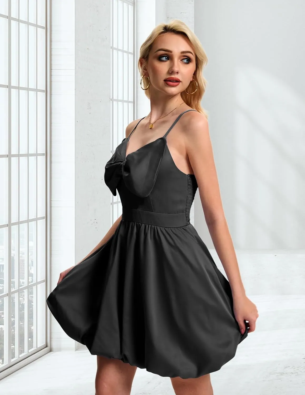 DRESSTELLS Women Cocktail Dresses Summer Short Mini Bubble Graduation Party Bow Spaghetti Strap Smocked Dress