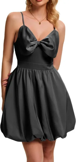 DRESSTELLS Women Cocktail Dresses Summer Short Mini Bubble Graduation Party Bow Spaghetti Strap Smocked Dress